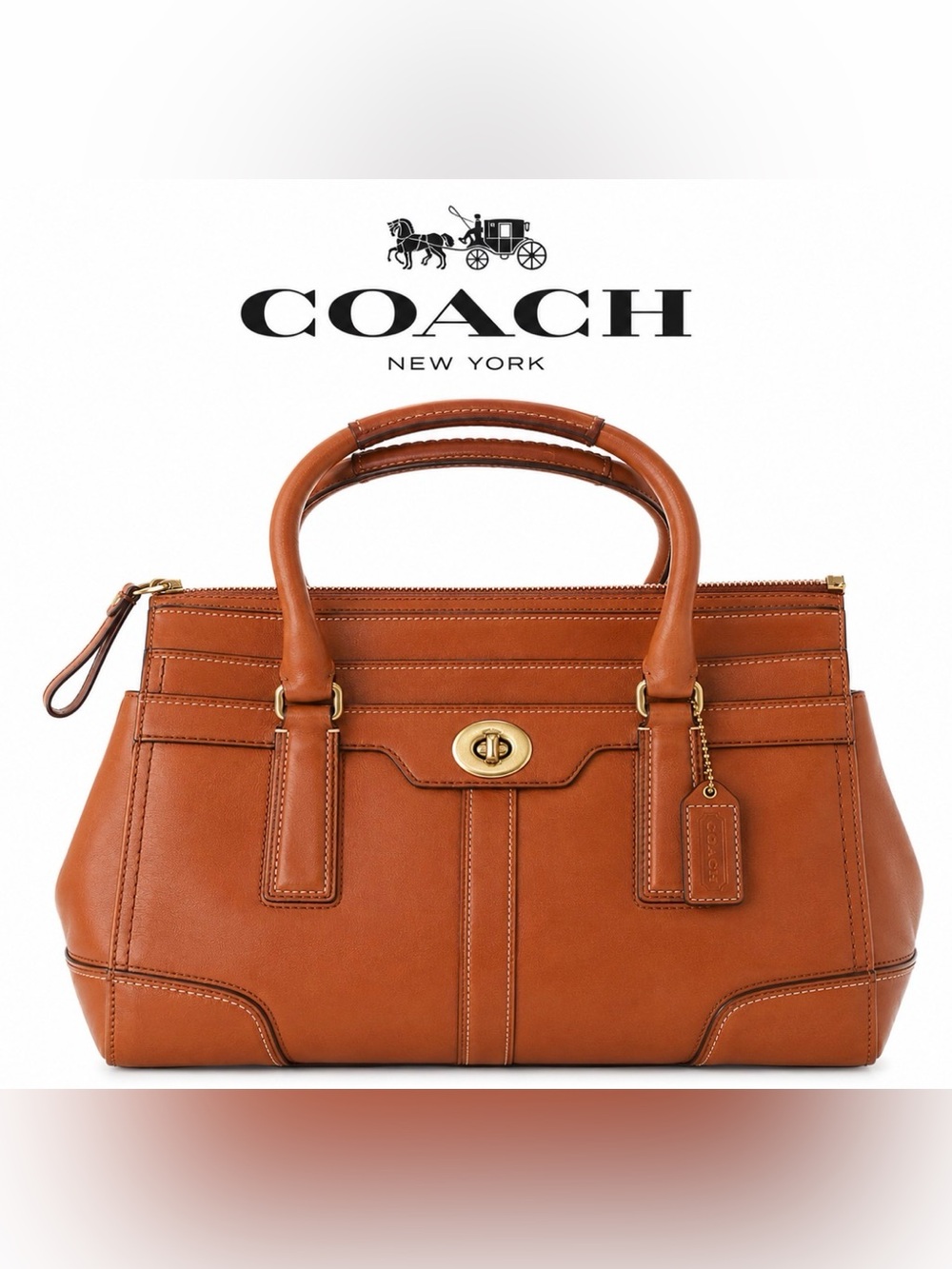 Coach Hampton Brown Leather Satchel with Gold  Turn Lock